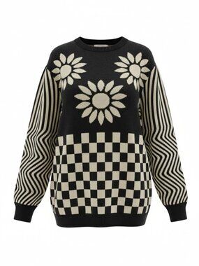 OXKNIT 2XL Black White Daisy Checkerboard Stripe Knit Sweater Retro